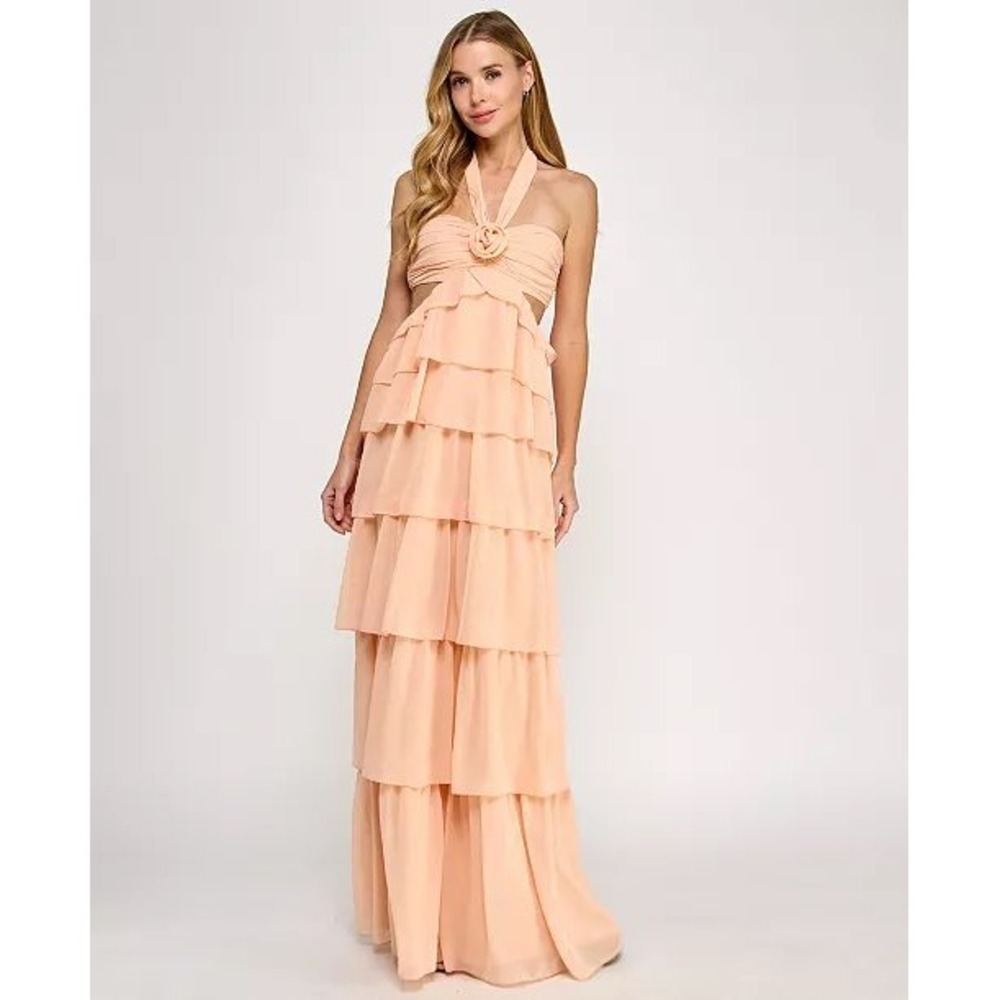 Seni & Cade Jrs. Peach Chiffon Tiered Halter Maxi Dress Rosette Cutout XL NWT